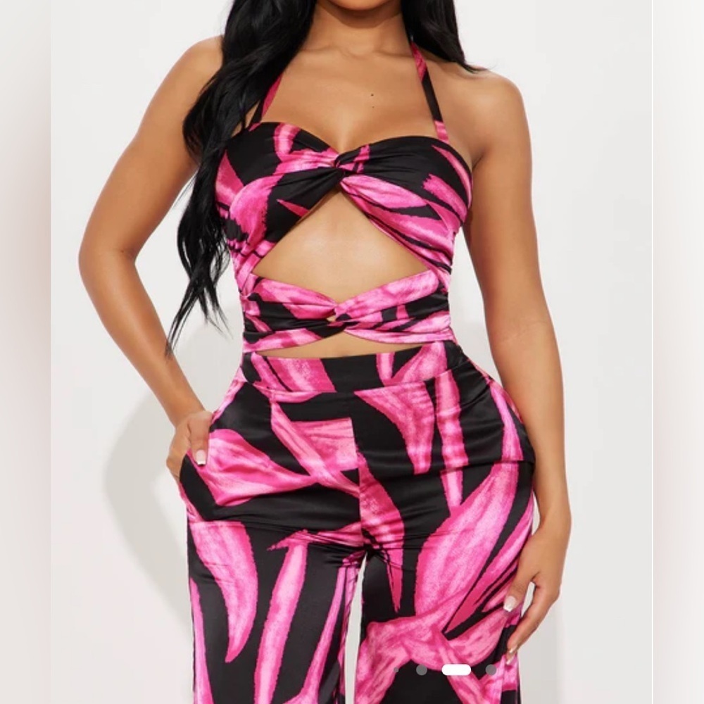 Satin Pink and Black Wide Leg Jumpsuit - Picture 2 of 5